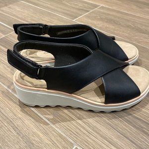 Clarks Women Black Wide Foot Jillian Jewel Ortholite Wedge Sandal Size 6W